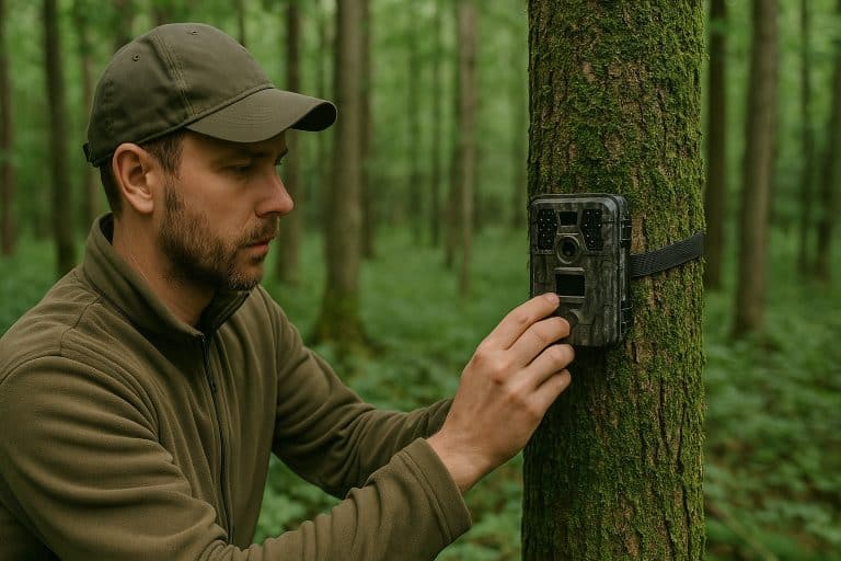 Homme qui règle une caméra de chasse